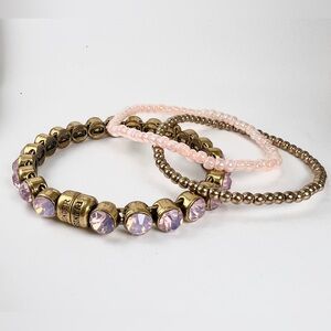 Plunder Magnetic Bangle Gold-Tone & Pink Rhinestones + Bonus Beaded Bracelets